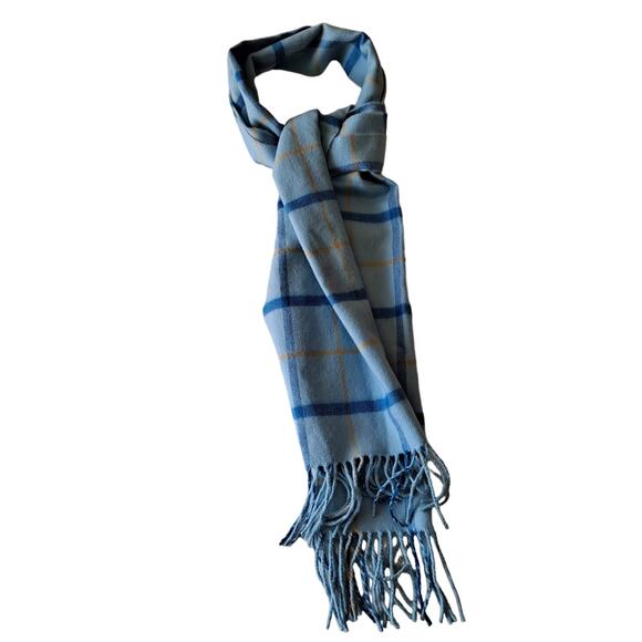 100% Cashmere Made in Scotland Blue & Yellow Plaid Rectangular Scarf w Fringes - Picture 1 of 6